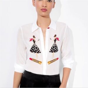 NWT Alice + Olivia WILLA Placket White Silk Button Down Shirt I Am Woman